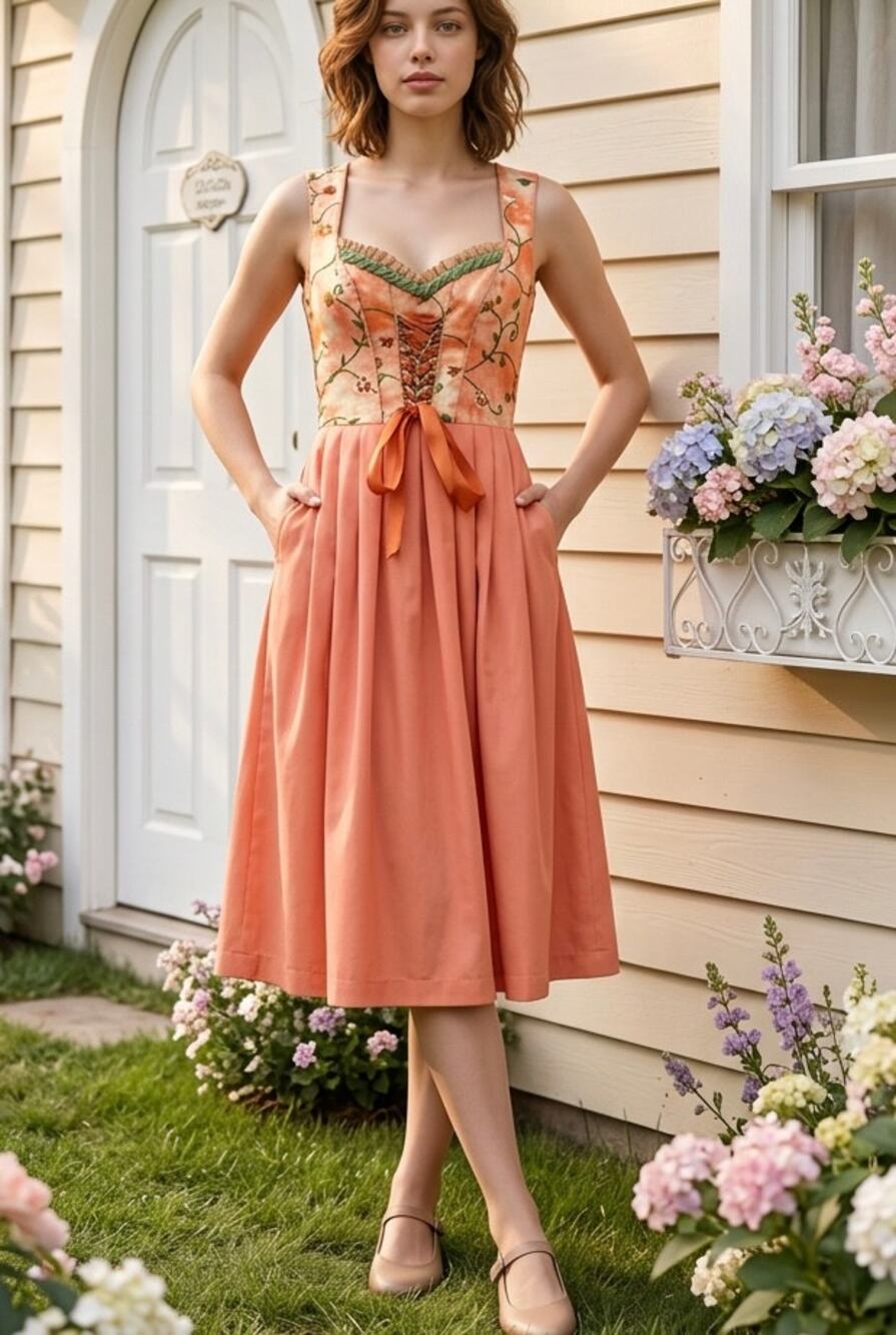 Sleeveless Midi Dress with Embroidered Bodice - Peach